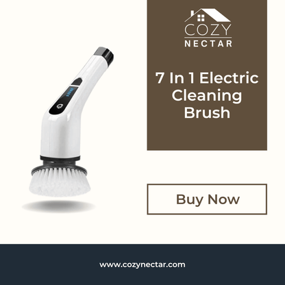 7-in-1 electric cleaning brush with Cozy Nectar branding on a white background