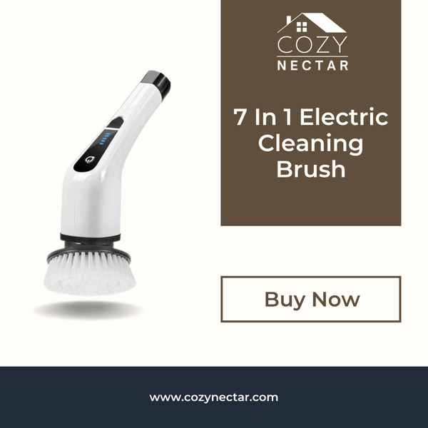 7-in-1 electric cleaning brush with Cozy Nectar branding on a white background