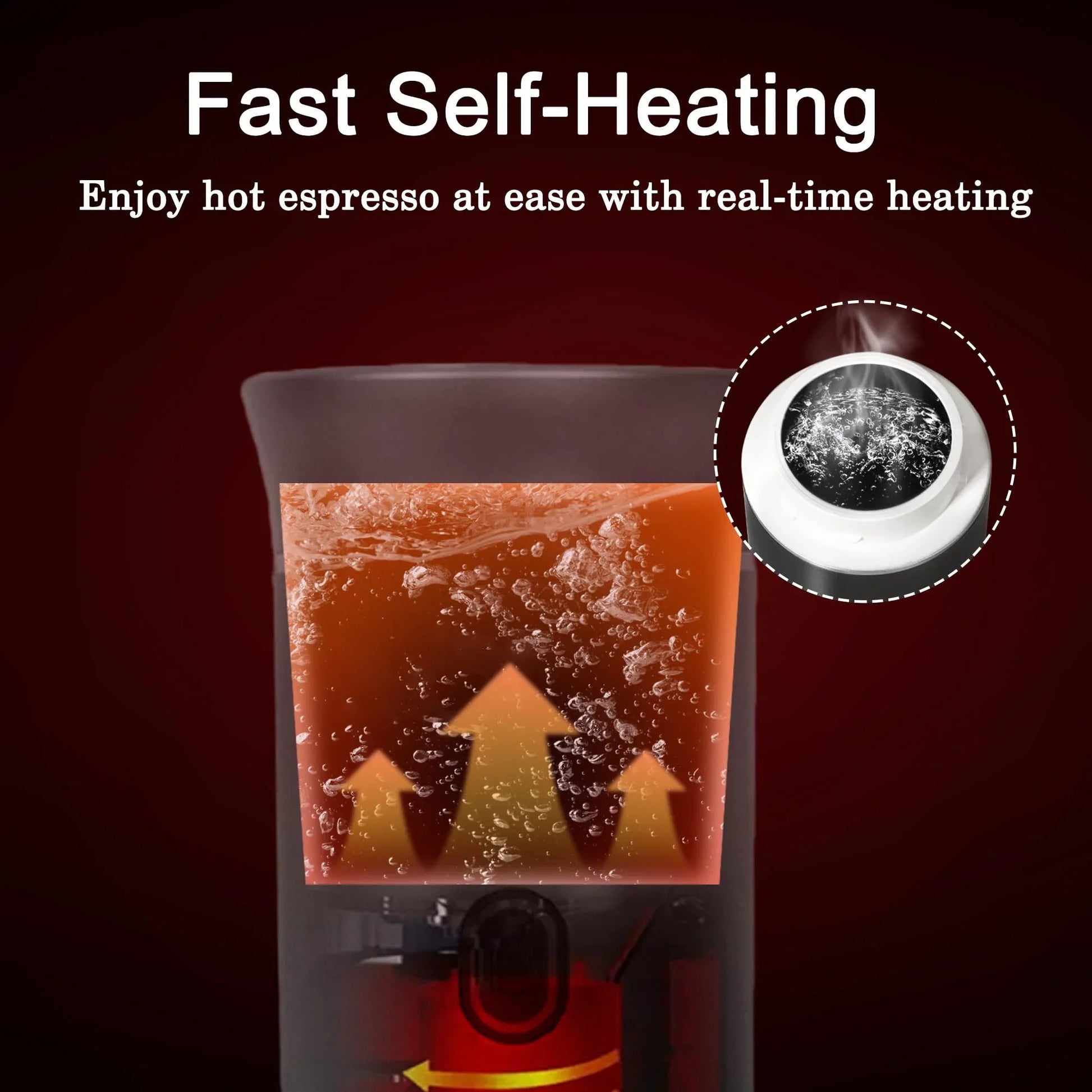 Espresso machine with text 'Fast Self-Heating' and 'Enjoy hot espresso at ease with real-time heating'.