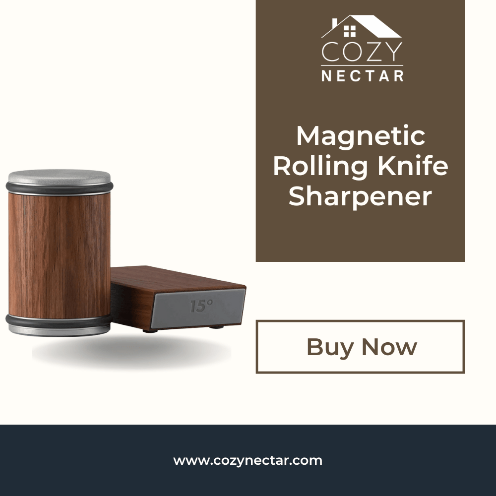 Magnetic rolling knife sharpener with Cozy Nectar branding on a white background