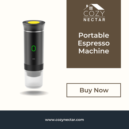 Portable espresso machine with Cozy Nectar branding on a white background