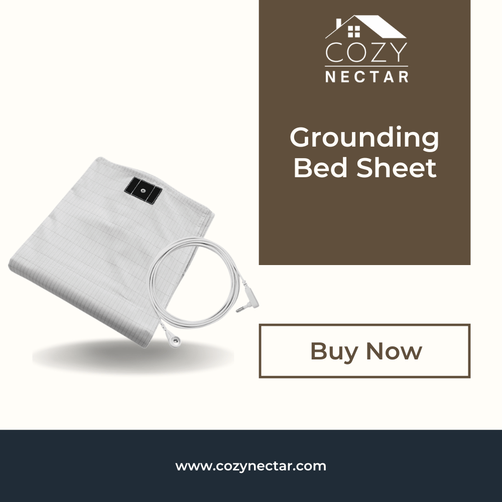 Grounding bed sheet with Cozy Nectar branding and 'Buy Now' button on a white background.