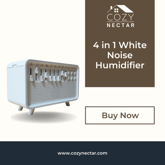 White noise humidifier with Cozy Nectar branding on a white background