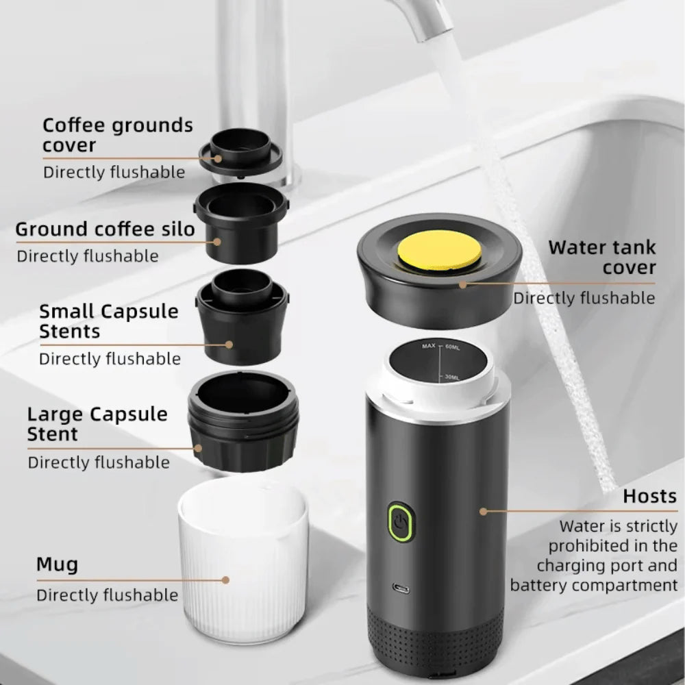 Compact Portable Espresso Machine with detachable parts for easy cleaning and travel use