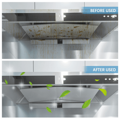 Before and after comparison of a kitchen exhaust hood cleaning process.