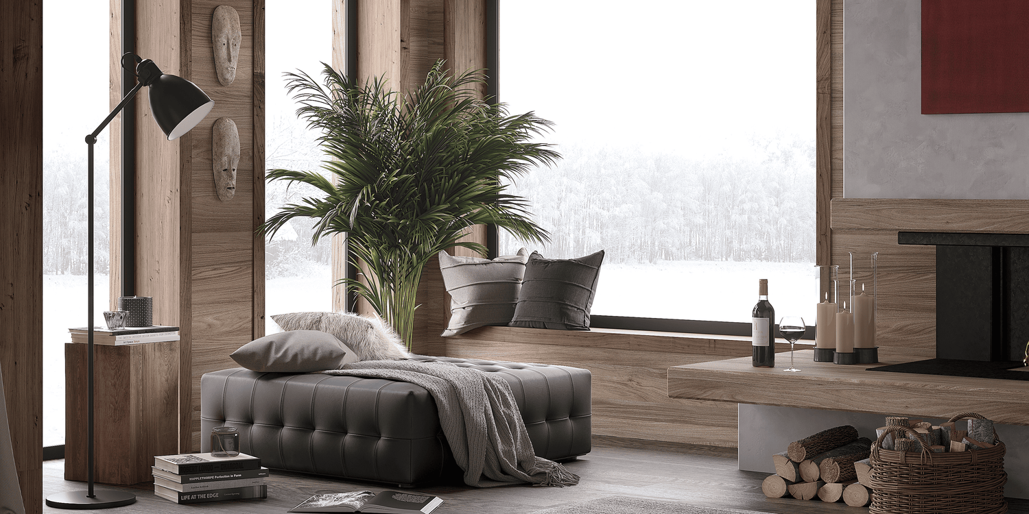 Modern bedroom with wooden furniture, large window, and decorative elements.