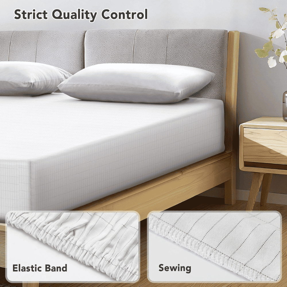 Bed with white mattress cover, gray headboard, and wooden nightstand with strict quality control text and close-up details.