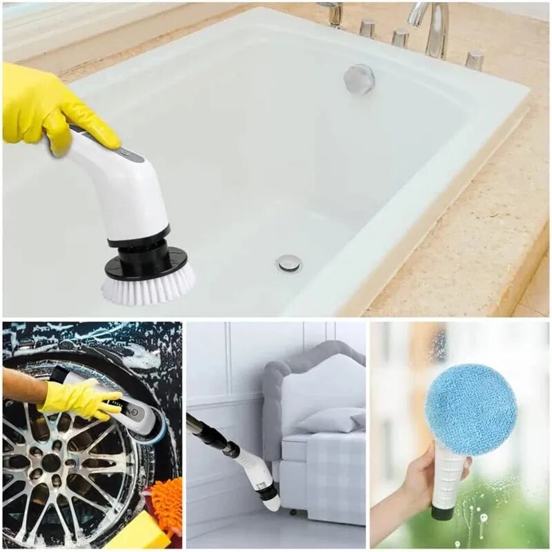Collage of a cleaning tool being used on various surfaces including a sink, car wheel, and sofa.