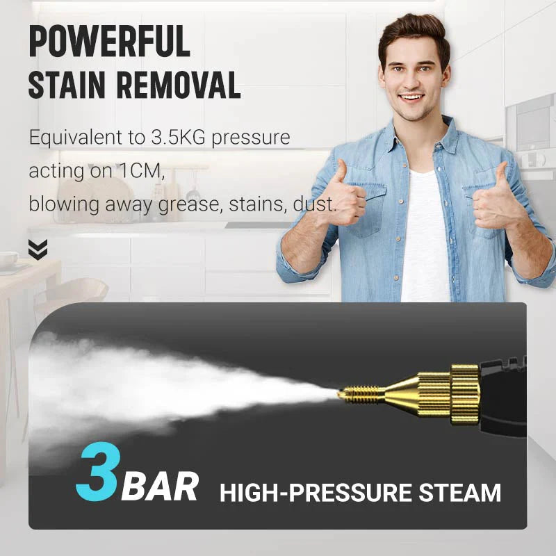 Person giving thumbs up with high-pressure steam cleaner and text about powerful stain removal.