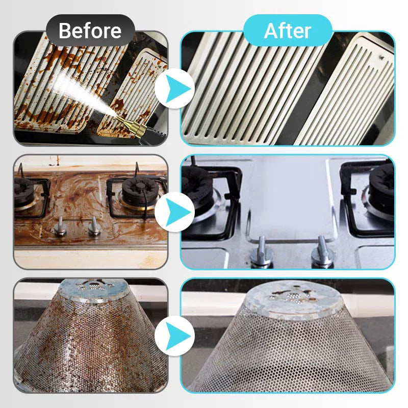 Before and after comparison of a cleaned stove top and grill with a mesh filter.